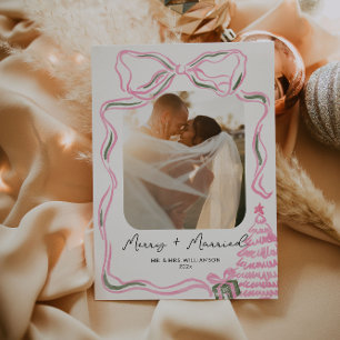 Newlywed First Christmas Vintage Pink Bow Holiday Card