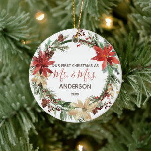 Newlywed First Christmas Vintage Wreath Ceramic Tree Decoration