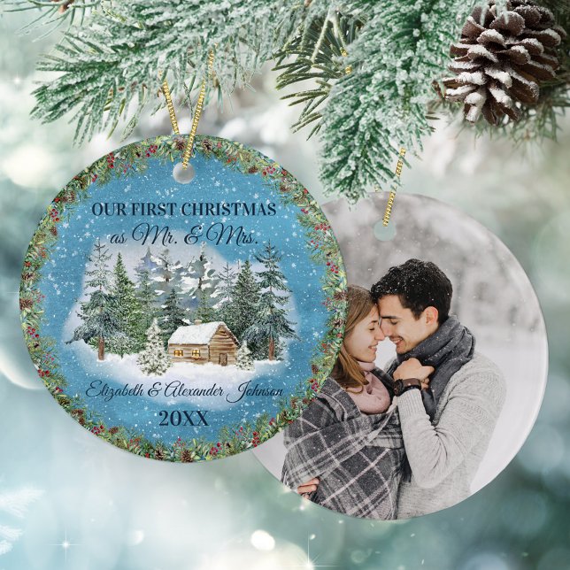 Newlywed First Christmas Winter Woodland Cabin Ceramic Tree Decoration (Creator Uploaded)