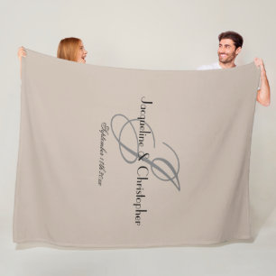 Newlywed Gift Grey Monogram Black Names Warm Beige Fleece Blanket