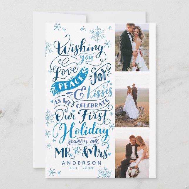 Newlywed Holiday Hand-Drawn | Blue | 3-Photo Card (Front)