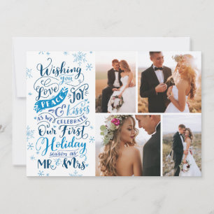 Newlywed Holiday Hand-Drawn Blue 4-Photo Card