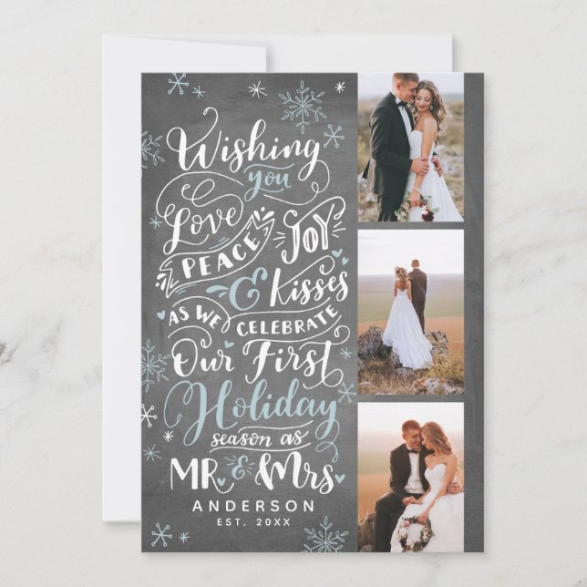 Newlywed Holiday Hand-Drawn | Chalk | 3-Photo Card (Front)
