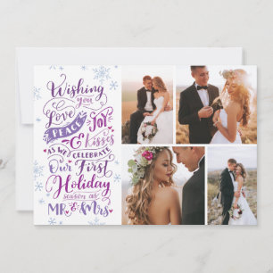 Newlywed Holiday Hand-Drawn Purple 4-Photo Card