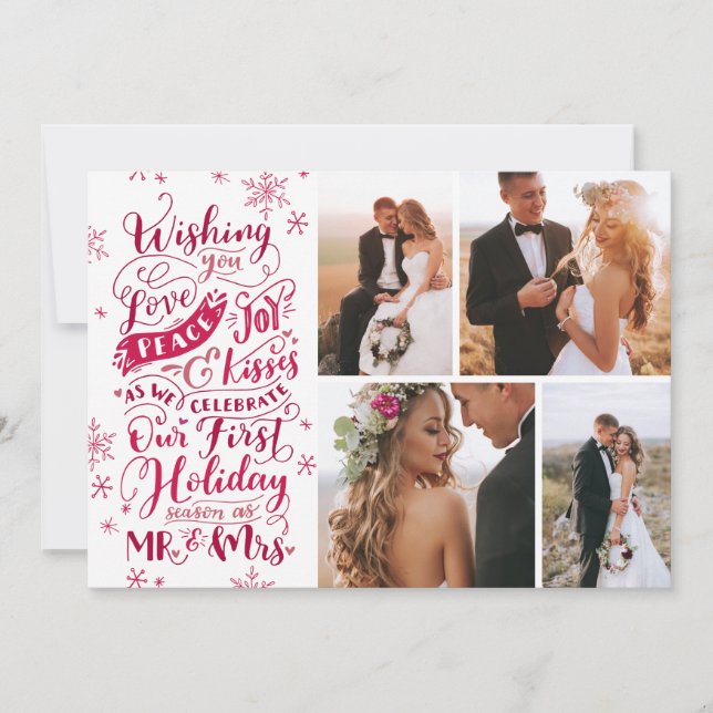 Newlywed Holiday Hand-Drawn | Red | 4-Photo Card (Front)