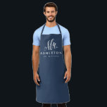 Newlywed husband Mr personalised navy blue Apron<br><div class="desc">For the newlywed,  this navy blue and white apron features "Mr." in an elegant and modern script along with a last name and "established" date. Makes a fun personalised wedding or shower gift!</div>