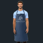 Newlywed husband Mr personalised navy blue Apron<br><div class="desc">For the newlywed,  this navy blue and white apron features "Mr." in an elegant and modern script along with a last name and "established" date. Makes a fun personalised wedding or shower gift!</div>