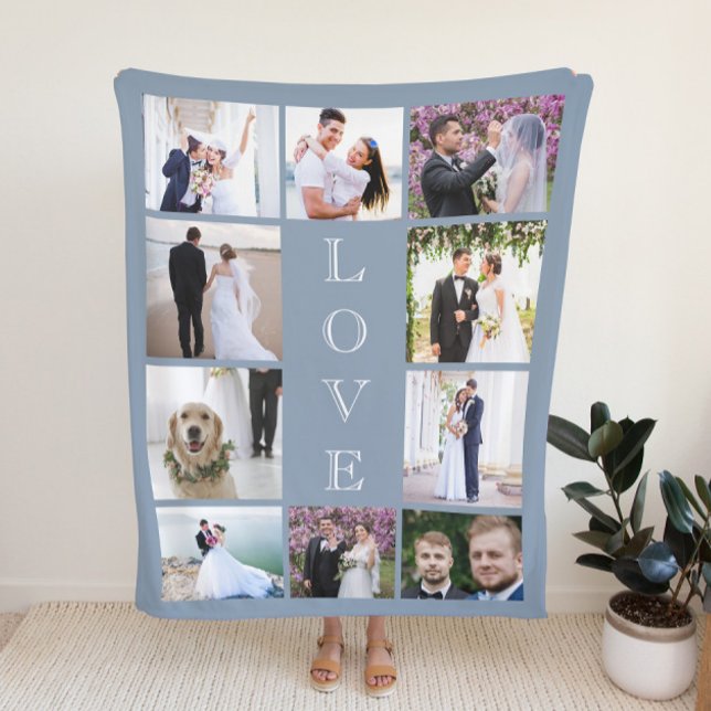 Newlywed Love 10 Photo Collage Dusty Blue Wedding Sherpa Blanket (Creator Uploaded)