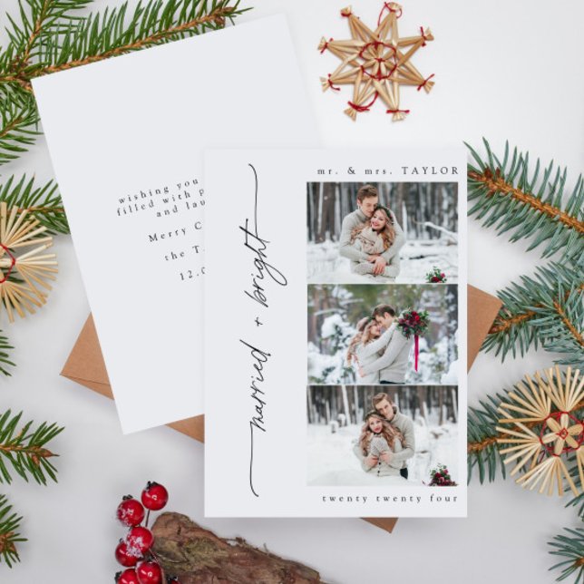 Newlywed Married and Bright First Christmas Photo  Holiday Card (Easily personalize this merry + bright holiday wedding announcement with your photos and details!)