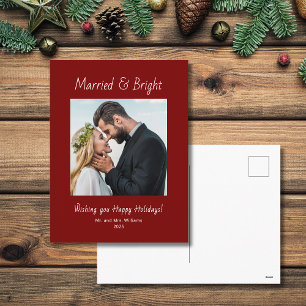 Newlywed Married and Bright Photo Red Christmas  Holiday Postcard