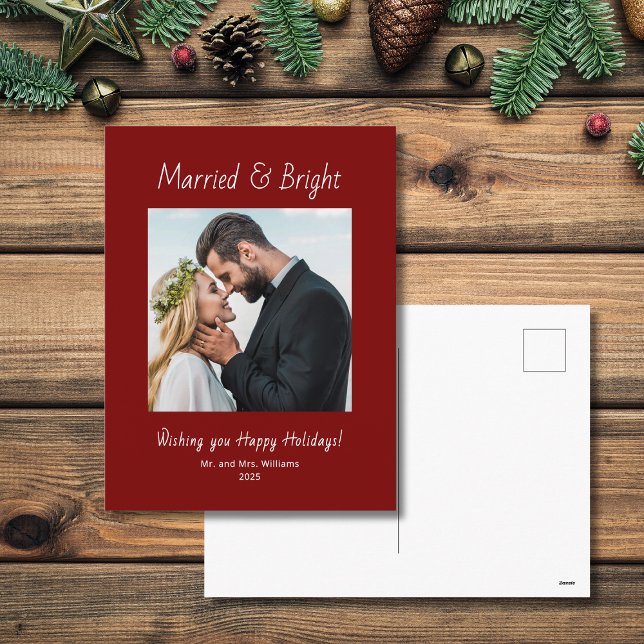 Newlywed Married and Bright Photo Red Christmas  Holiday Postcard (Creator Uploaded)