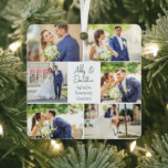 Newlywed Married Couple Photo Collage Christmas Metal Tree Decoration<br><div class="desc">This beautiful newlywed couple keepsake metal Christmas ornament gift features a classy layout of 6 wedding photos on a white background with the married couple's names,  location,  and date. A wonderful commemorative holiday photo gift for your wife or husband to treasure forever. Add a full photograph on the back.</div>