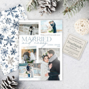Newlywed Married & Merry Rustic Blue Photo Collage Holiday Card