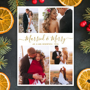 Newlywed Married & Merry Script 5 Photo Christmas Holiday Card