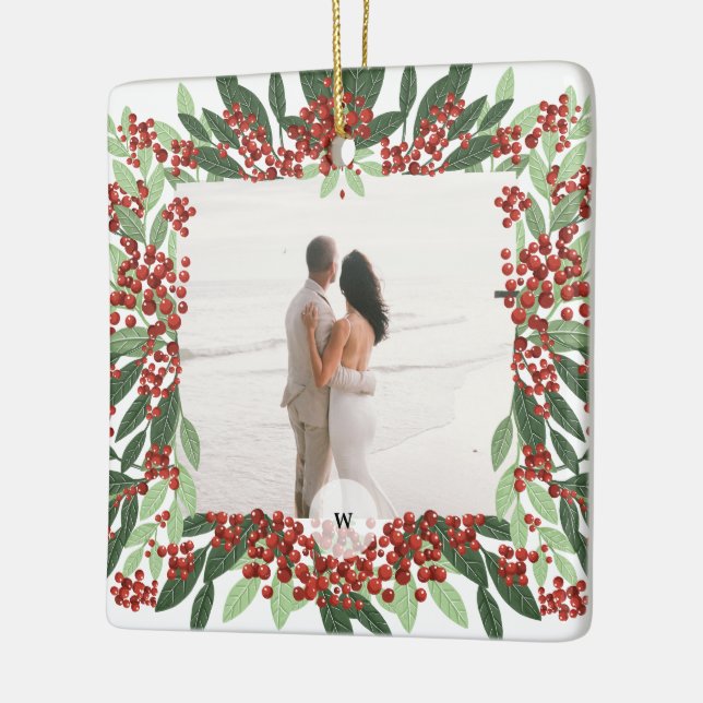 Newlywed Married Photo Monogram Christmas Frame Ceramic Ornament (Left)