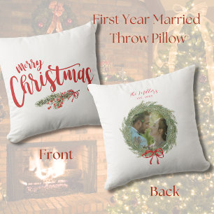 Newlywed Merry Christmas Photo Pine Wreath Cushion