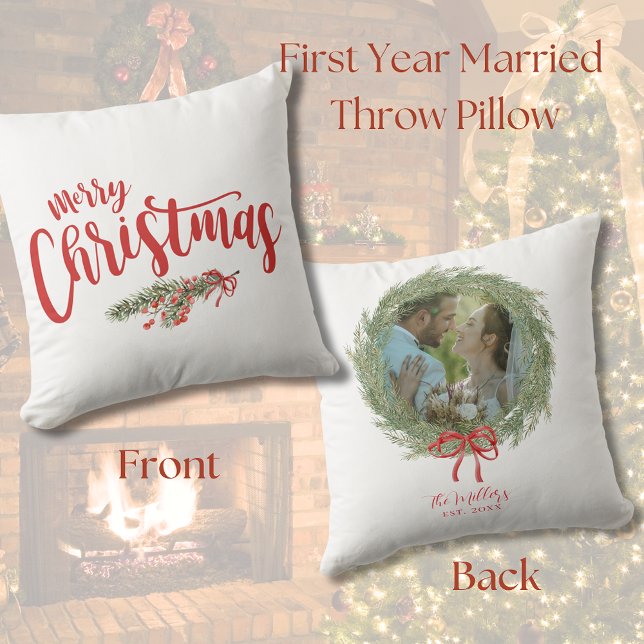 Newlywed Merry Christmas Photo Pine Wreath Cushion (Newlywed Merry Christmas Photo Pine Wreath Throw Pillow)