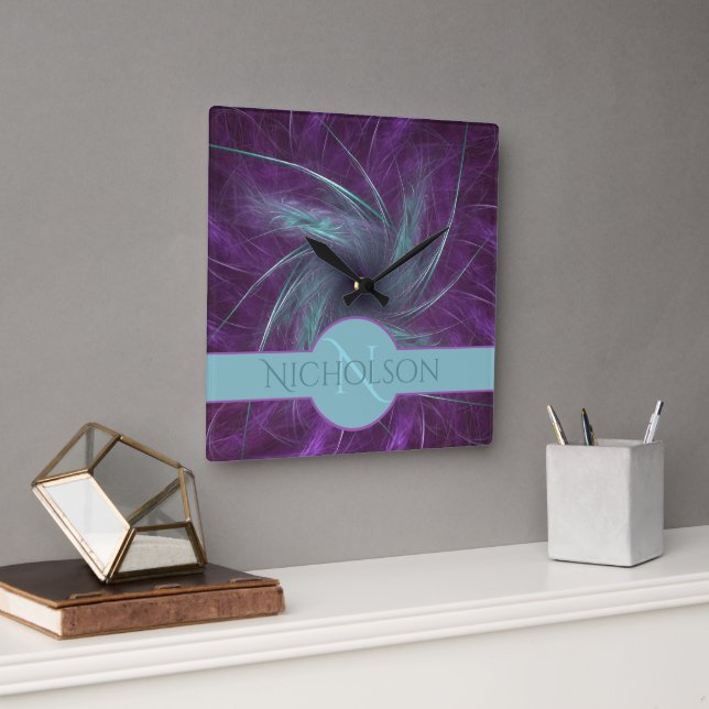 Newlywed Monogram Custom Name Abstract Spiral Square Wall Clock (Office)