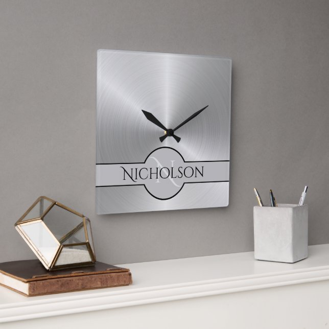 Newlywed Monogram Custom Name Metallic Texture Square Wall Clock (Office)