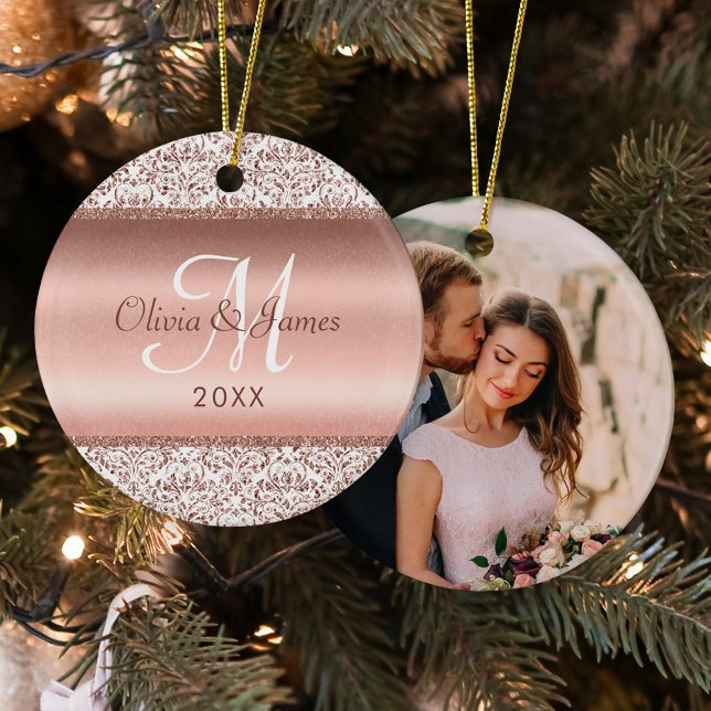 Newlywed Monogram Photo Elegant Rose Gold  Ceramic Tree Decoration (Creator Uploaded)