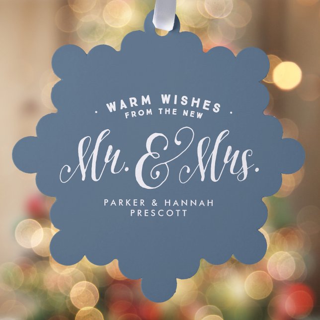 Newlywed Mr and Mrs elegant blue Christmas photo Tree Decoration Card (Creator Uploaded)