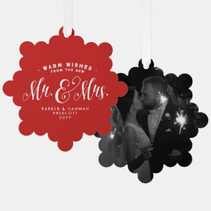 Newlywed Mr and Mrs elegant red Christmas photo Tree Decoration Card