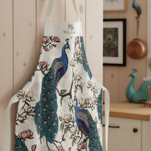 Newlywed Mr and Mrs Floral Peacock Ivory Apron