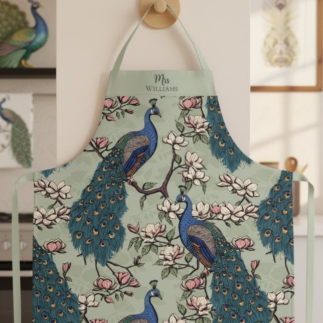 Newlywed Mr and Mrs Floral Peacock Sage Green Apron (Chic Sage Floral Peacock Pattern in Modern Chinoiserie Style for Mrs. Bridal Shower Gift for Bride.)