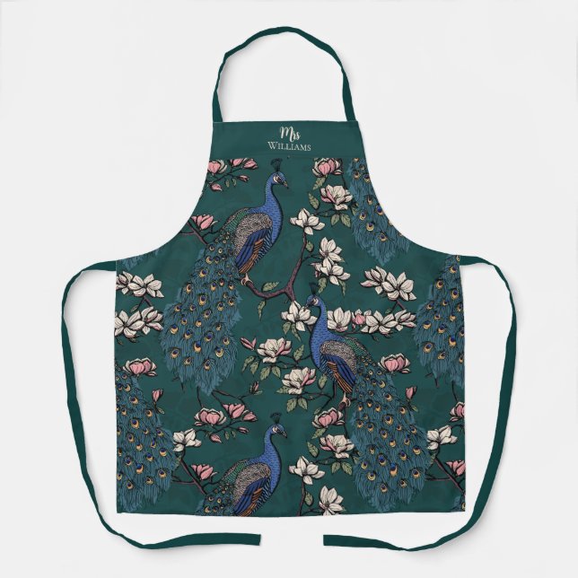 Newlywed Mr and Mrs Floral Peacock Teal Apron (Front)