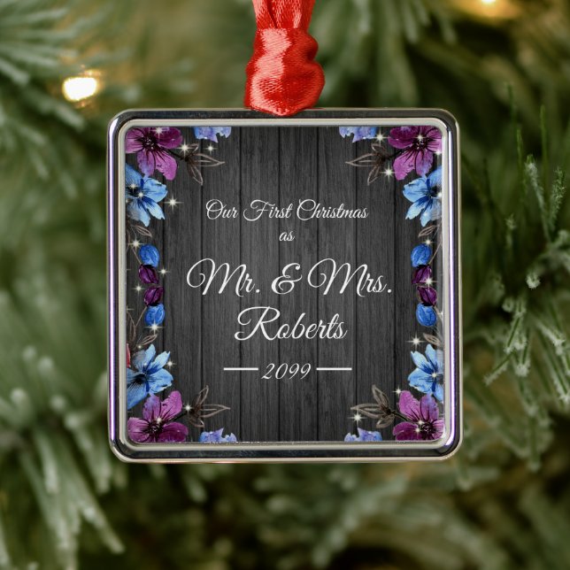 Newlywed Mr. & Mrs. First Christmas Rustic Flowers Metal Tree Decoration (Tree)