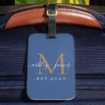 Newlywed Mr Mrs Gold Monogram Names Classic Blue Luggage Tag<br><div class="desc">Chic, modern and simple monogrammed luggage tag with the text Mr and Mrs in white elegant handwritten script calligraphy on a classic blue background with your monogram in gold. Simply add your married name, year established and monogram in stylish typography. Perfect luxury gift for the newlywed couple's wedding guests. Exclusively...</div>