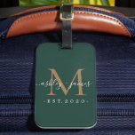 Newlywed Mr Mrs Gold Monogram Names Dark Green Luggage Tag<br><div class="desc">Chic, modern and simple monogrammed luggage tag with the text Mr and Mrs in white elegant handwritten script calligraphy on a dark green background with your monogram in gold. Simply add your married name, year established and monogram in stylish typography. Perfect luxury gift for the newlywed couple's wedding guests. Exclusively...</div>