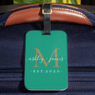 Newlywed Mr Mrs Gold Monogram Names Emerald Luggage Tag