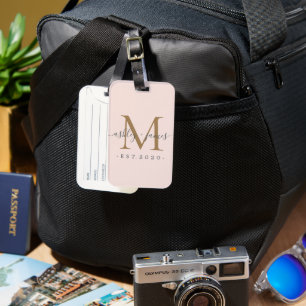 Newlywed Mr Mrs Gold Monogram Names Pastel Pink Luggage Tag