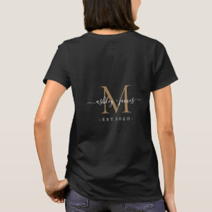 Newlywed Mr Mrs Monogram Names Year Gold Black T-Shirt