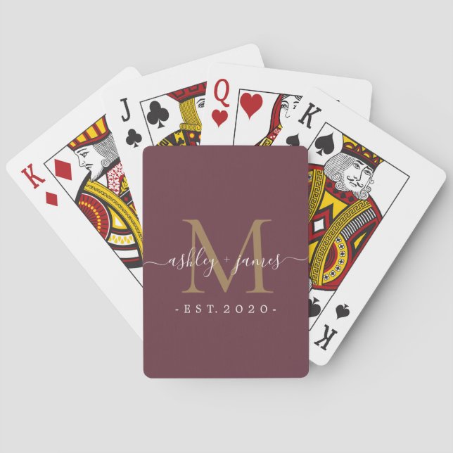 Newlywed Mr Mrs Monogram Names Year Gold Burgundy Playing Cards (Back)