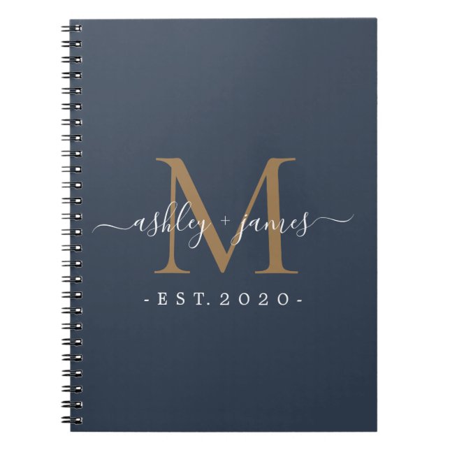 Newlywed Mr Mrs Monogram Names Year Gold Dark Blue Notebook (Front)