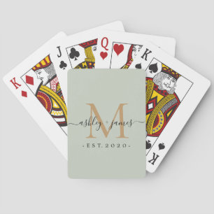Newlywed Mr Mrs Monogram Names Year Gold Green Playing Cards
