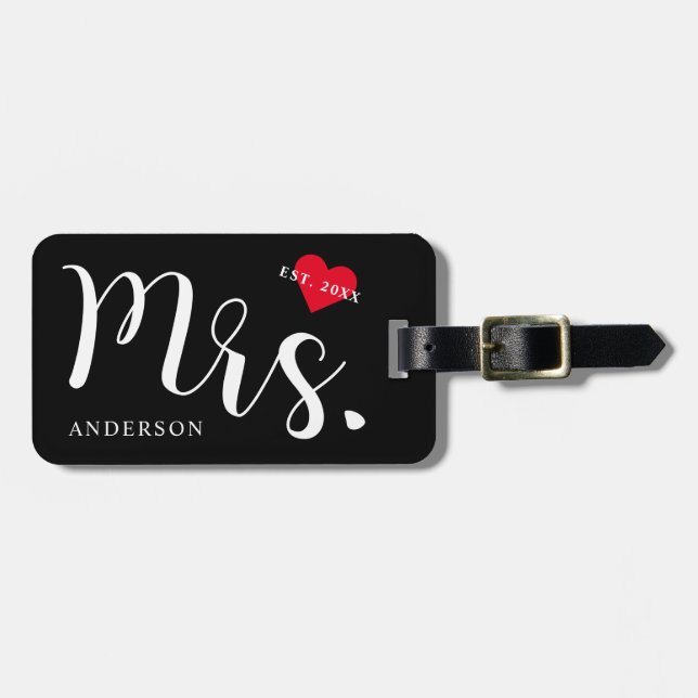Newlywed Mrs. Black And White Luggage Tag (Front Horizontal)