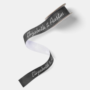 Newlywed Names on Black Leather Texture Satin Ribbon
