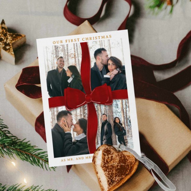 Newlywed Our First Christmas Red Bow Photo Holiday Invitation (Red Bow Our First Christmas as Mr and mrs greeting card)
