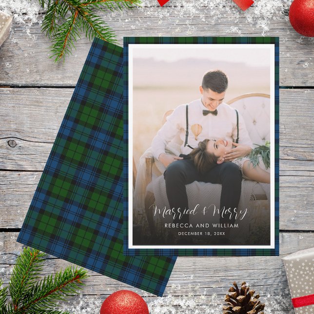 Newlywed Photo Married and Merry Campbell Tartan Holiday Card (Christmas Married and Merry Photo Plaid Campbell Tartan Greetings Card)