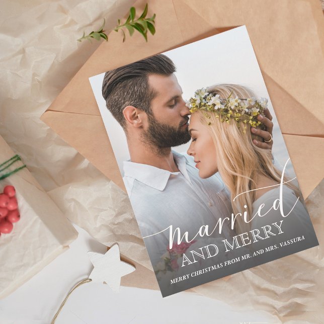 Newlywed Photo Married and Merry Grey Ombre Holiday Card (Newlywed Photo Married and Merry Gray Ombre Holiday Card)