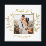 Newlywed Photo Thank You Wedding Gold Frame Magnet<br><div class="desc">Bride and Groom thank you wedding couple photo features a rustic hand painted gold-tone floral frame with a whimsical calligraphy script. Easily change the details with your personalised text and photo.</div>