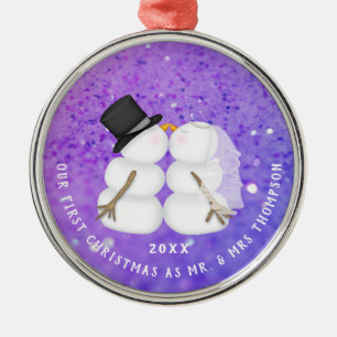 Newlywed Purple Snow Couple First Christmas Metal Tree Decoration