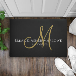 Newlywed Script Monogram Black Gold Family Name Doormat