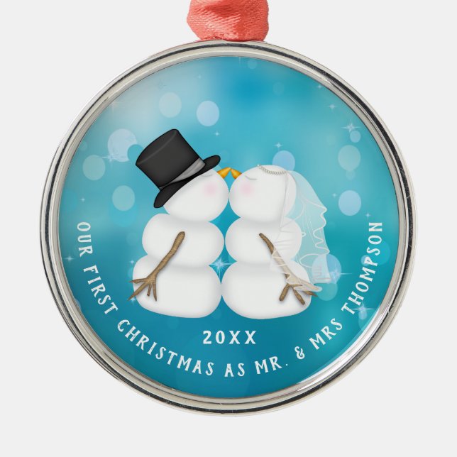 Newlywed Snow Couple First Christmas Metal Tree Decoration (Front)