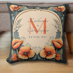 Newlywed Vintage Floral Monogram Poppy Art Nouveau Cushion<br><div class="desc">This Newlywed Vintage Floral Monogram Poppies Art Nouveau Throw Pillow features bright orange poppies with green stems on a dark green background, framing a Custom Monogram Initial, Couple's Names and Wedding Date on a beige cream background. The artwork is in the style of Art Nouveau with delicate scrollwork and bold...</div>