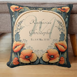 Newlywed Vintage Floral Monogram Poppy Art Nouveau Cushion<br><div class="desc">This Newlywed Vintage Floral Monogram Poppies Art Nouveau Throw Pillow features bright orange poppies with green stems on a dark green background, framing a Custom Monogram Initial, Couple's Names and Wedding Date on a beige cream background. The artwork is in the style of Art Nouveau with delicate scrollwork and bold...</div>
