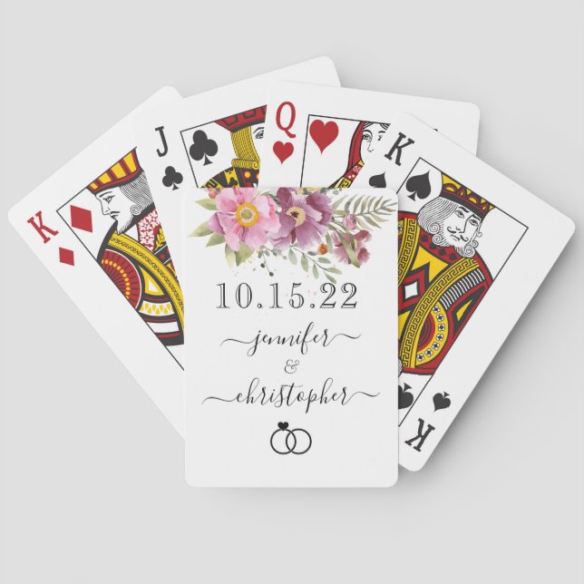 NEWLYWED Wedding Date with Names, Pink Florals Playing Cards (Back)